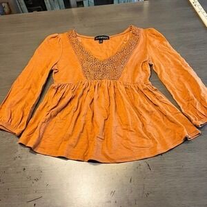 Derek Heart Peasant Top Crochet Detail Long Sleeve Blouse Orange S‎